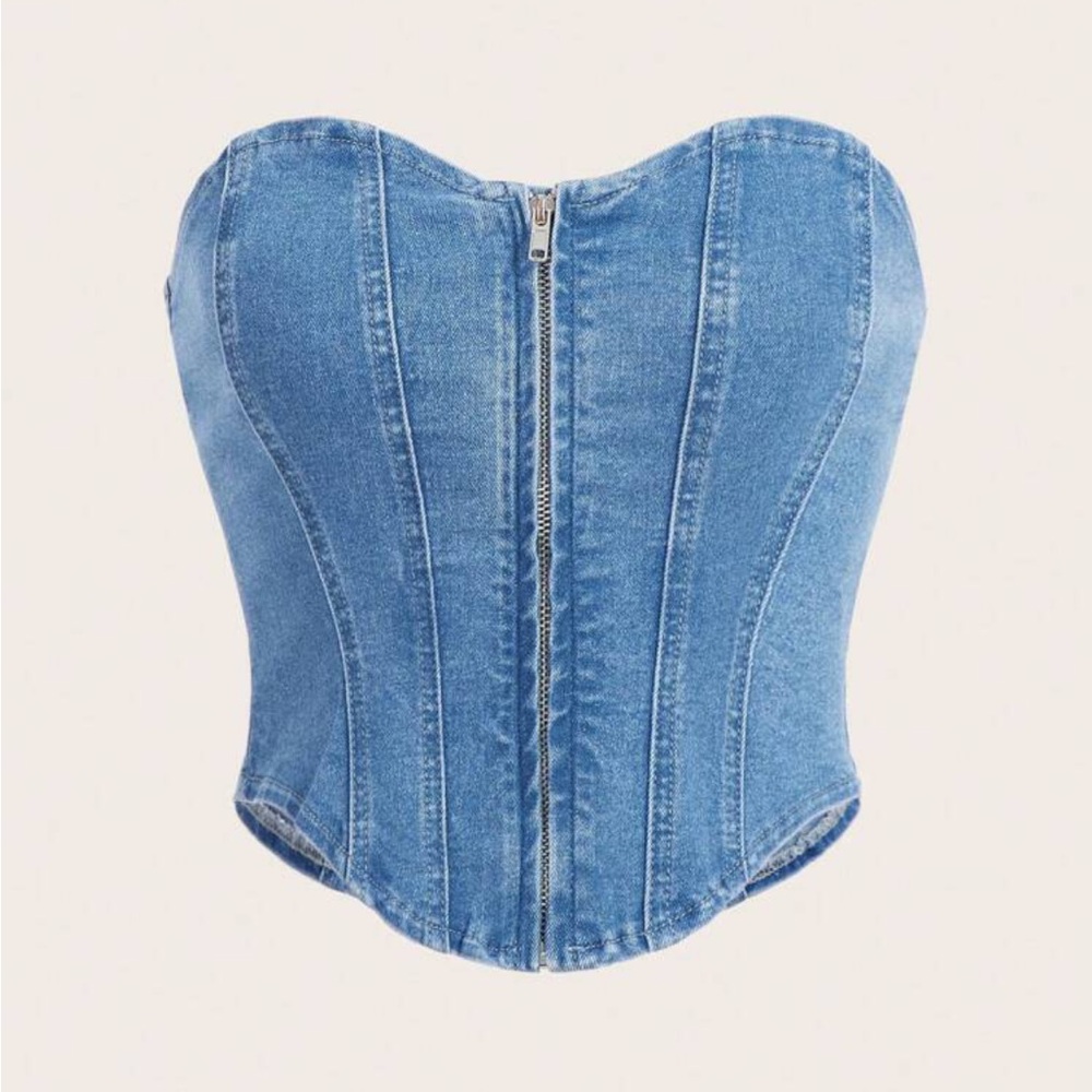 Denim Corset Top - Light Blue Strapless Bustier